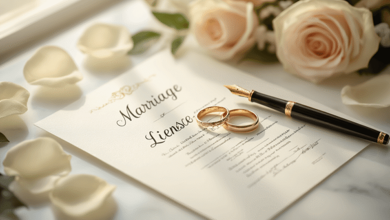How to Elope: Your Complete Guide to Getting Legally Married Aerial view of a marriage license document on a white marble surface, adorned with gold wedding bands, a vintage fountain pen, and scattered ivory rose petals, all bathed in soft natural light with a dreamy bokeh background in cream and blush tones, evoking an intimate and romantic atmosphere.