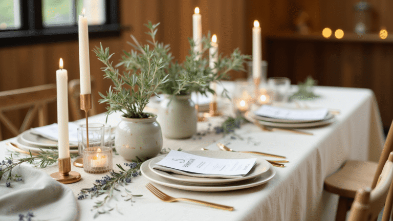 How to Master Simple Wedding Decor Without Sacrificing Elegance Luxurious minimalist wedding table setting with a potted olive tree centerpiece, cream linen tablecloth, hand-thrown ceramic plates, scattered herbs, golden candlelight, and rustic wooden background.