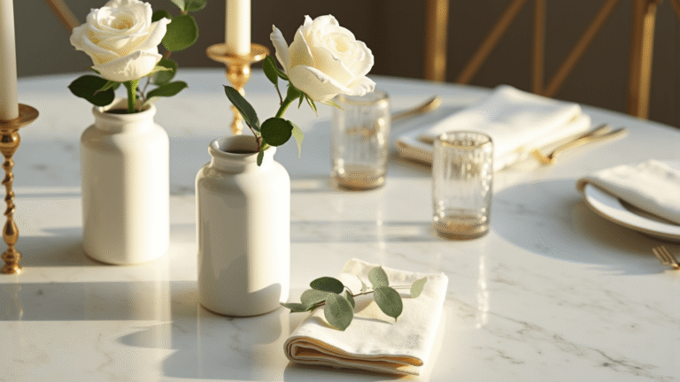 Minimalist Wedding Table Decor: Creating Elegant Simplicity That Steals the Show Cinematic overhead shot of an elegant minimalist wedding tablescape featuring white roses and eucalyptus in ceramic vases, gold taper candles, and a polished marble surface, illuminated by soft golden hour light.