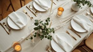 The Complete Guide to Minimalist Wedding Decor: Creating Elegance Through Simplicity Cinematic overhead shot of a minimalist wedding tablescape featuring ivory linen, brass candles, white orchids, and eucalyptus on a natural wood table, showcasing elegant details and soft natural light.