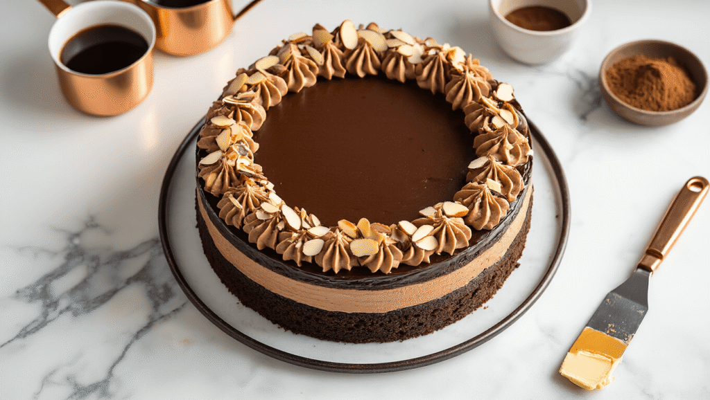 Mocha Almond Torte: The Coffee Lover's Dream Cake Luxurious mocha almond torte topped with espresso buttercream, adorned with toasted almond slices and chocolate shavings, on a polished marble countertop, accented by warm golden hour lighting and a cozy bakery atmosphere.