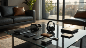 Epic Gift Guide: Awesome Present Ideas Men Actually Want in 2024 Cinematic wide-angle shot of a modern apartment living room showcasing tech gifts on a glass coffee table, including wireless headphones and smart gadgets, with geometric shadows and warm ambient lighting reflecting off sleek surfaces.