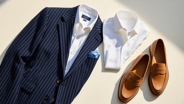 Why a Seersucker Summer Suit is My Go-To for Beating the Heat Navy seersucker blazer with white shirt and tan loafers on a minimalist background, highlighting texture and elegant summer style.