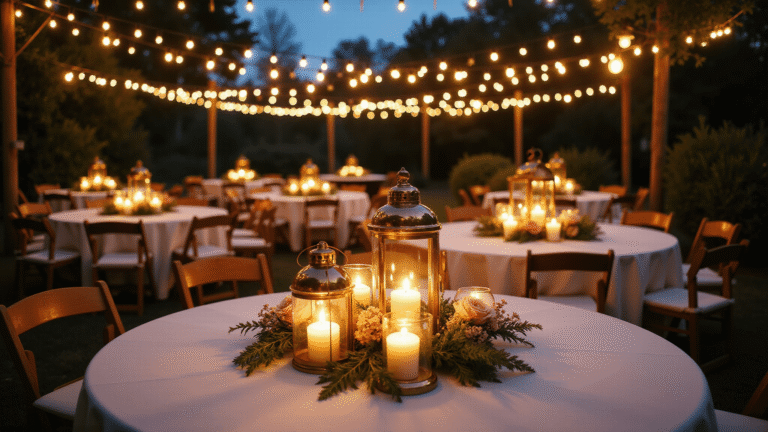 Night Wedding Decor Ideas: Transform Your Evening Celebration Into Pure Magic Cinematic overhead shot of a magical nighttime garden wedding reception with warm string lights, vintage brass lanterns, floating candles, and blush roses, creating an intimate and inviting ambiance.