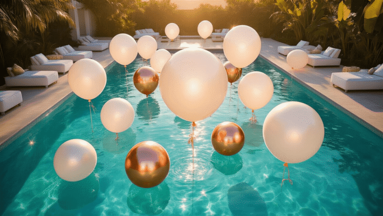 Pool Balloons: The Ultimate Guide to Making Your Next Water Party Absolutely Unforgettable Aerial view of a luxurious pool party featuring large white and rose gold translucent balloons floating on turquoise water, with elegant lounge furniture and tropical plants in the background, aglow in warm golden hour lighting.