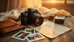 How Much Does a Wedding Photographer Cost? Breaking Down the Real Numbers A professional camera with a prime lens on a wooden table bathed in golden hour sunlight, accompanied by a leather portfolio, scattered photographs, a vintage light meter, and a handwritten shot list, all under warm amber tones.