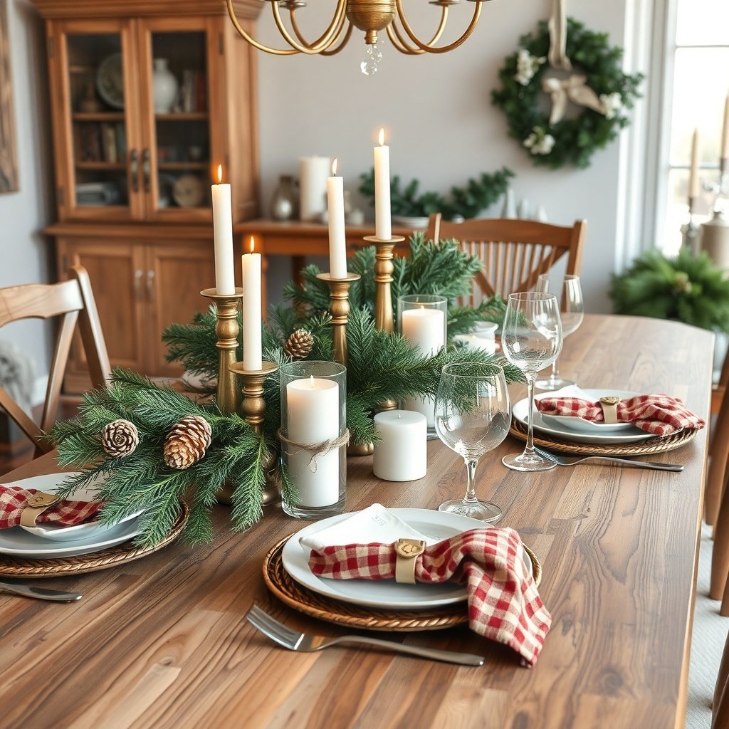 50 Inspiring Winter Decor Ideas to Transform Your Home After Christmas A beautifully set dining table with evergreen centerpieces, candles, and rustic decor.