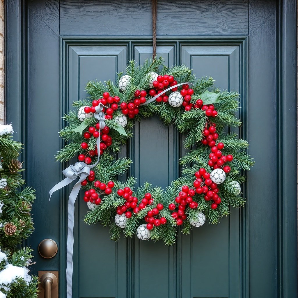50 Inspiring Winter Decor Ideas to Transform Your Home After Christmas A winter-themed wreath with red berries and ornaments on a blue door