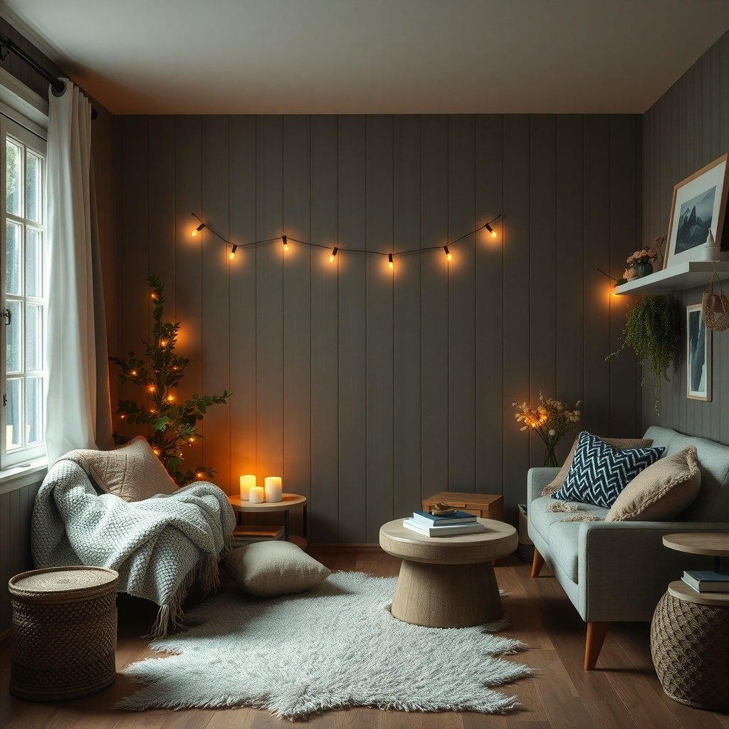 50 Inspiring Winter Decor Ideas to Transform Your Home After Christmas Cozy living room with soft lighting, a small tree, and warm textures, embodying hygge principles.