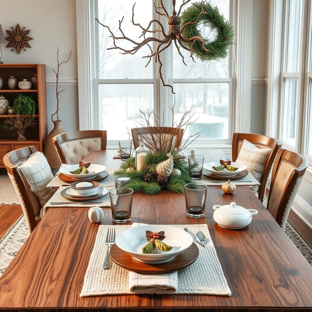 50 Inspiring Winter Decor Ideas to Transform Your Home After Christmas A winter-themed dining table setting with natural decor elements.