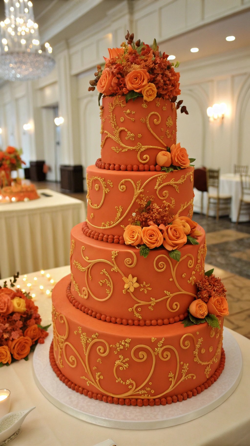 25 Stunning Burnt Orange Wedding Ideas for Your Dream Day A three-tiered burnt orange wedding cake decorated with golden accents and fresh orange roses.