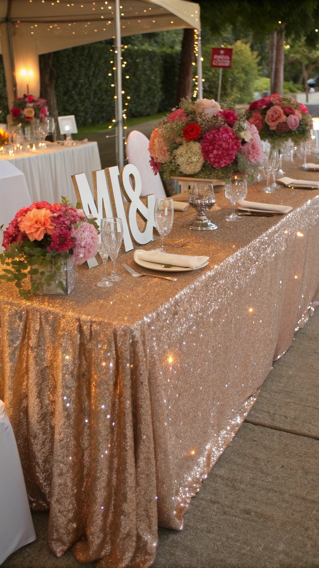 29 Stunning Wedding Table Decoration Ideas for a Perfect Celebration A wedding table decorated with a gold sequin tablecloth, floral centerpieces, and elegant glassware.