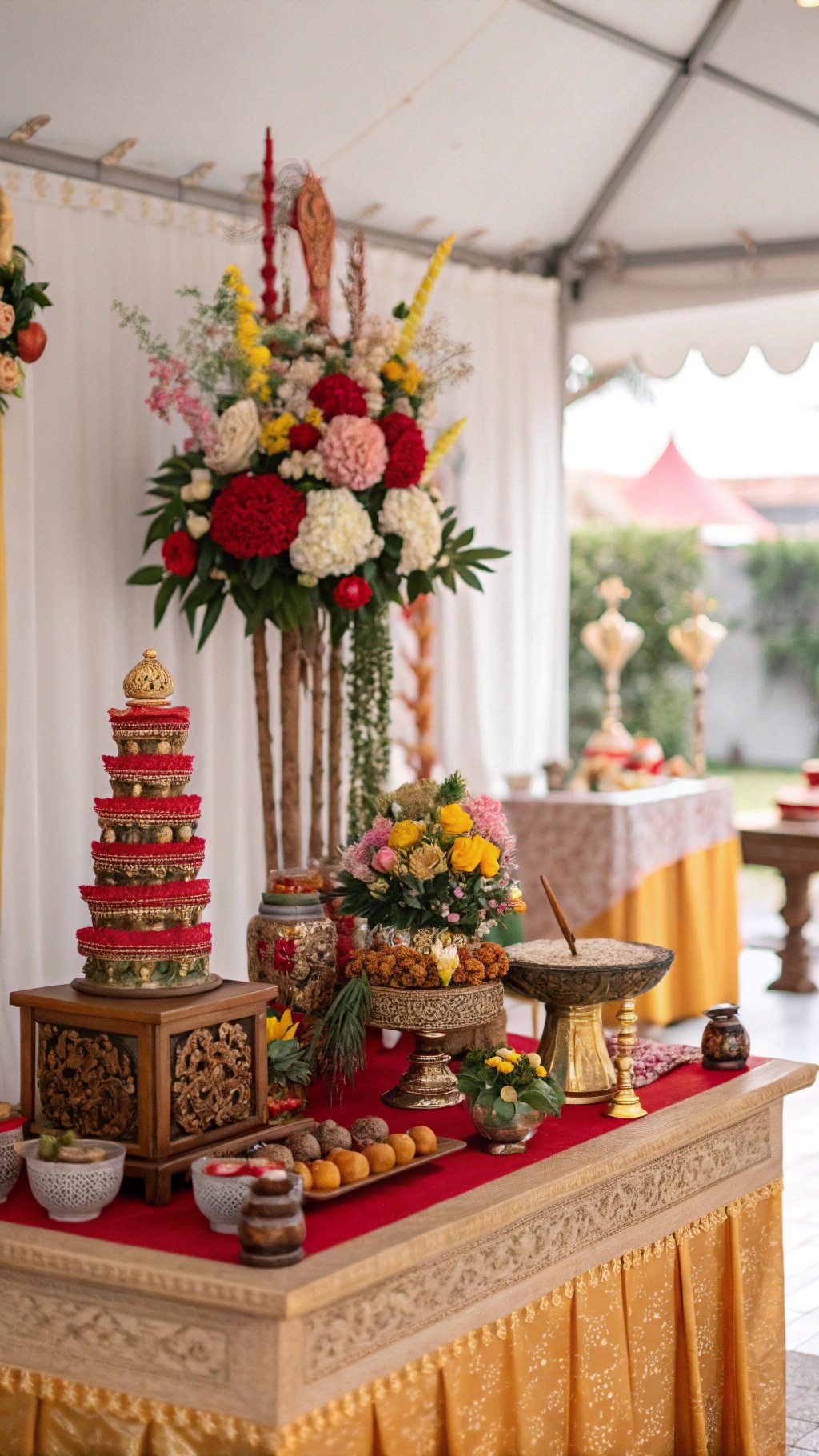 29 Stunning Wedding Table Decoration Ideas for a Perfect Celebration A beautifully decorated wedding table featuring vibrant flowers, sweets, and ornate decorations.