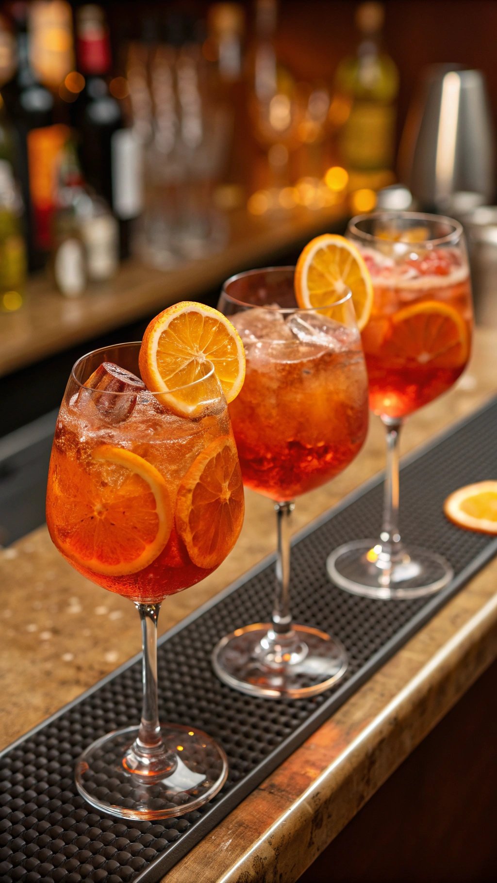 25 Stunning Burnt Orange Wedding Ideas for Your Dream Day Three glasses of vibrant cocktails garnished with orange slices, set against a bar backdrop.