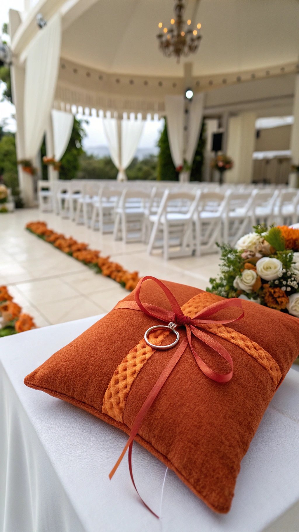 25 Stunning Burnt Orange Wedding Ideas for Your Dream Day A burnt orange wedding ring pillow with a ribbon and ring holder, placed on a table at a wedding ceremony.