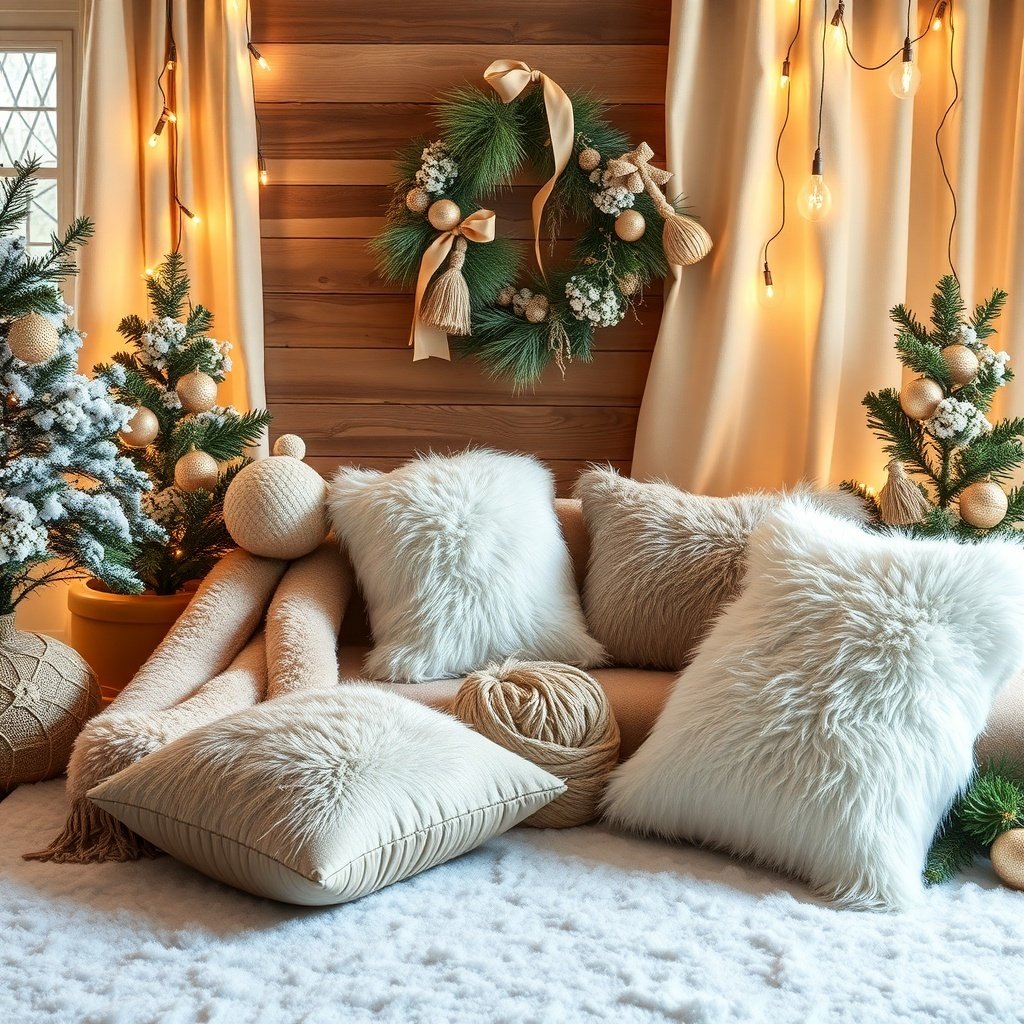 50 Inspiring Winter Decor Ideas to Transform Your Home After Christmas Cozy living room with faux fur pillows, a wreath, and winter decor.