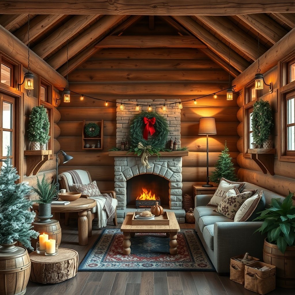 50 Inspiring Winter Decor Ideas to Transform Your Home After Christmas Cozy winter cabin decor featuring a stone fireplace, rustic furniture, and festive accents.