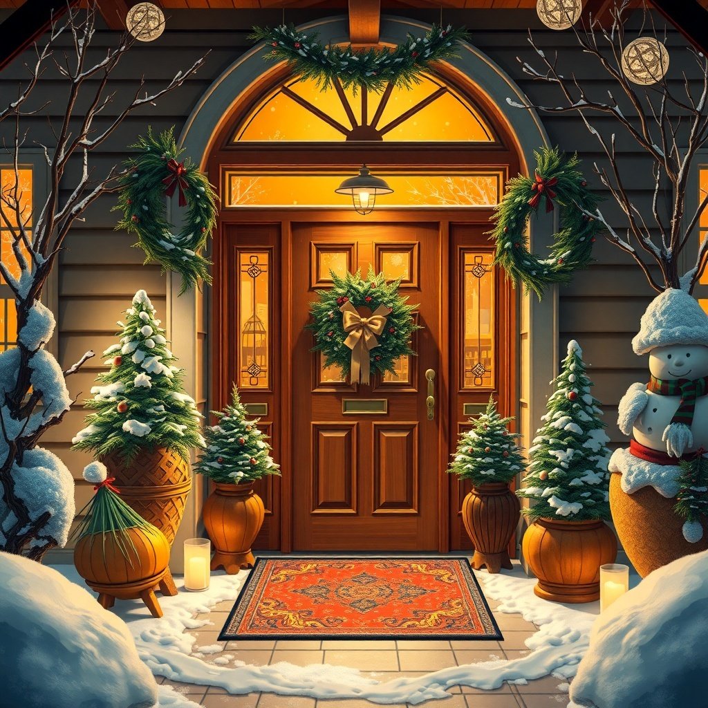 50 Inspiring Winter Decor Ideas to Transform Your Home After Christmas A cozy winter entrance with a decorated door, small evergreen trees, and a snowman.