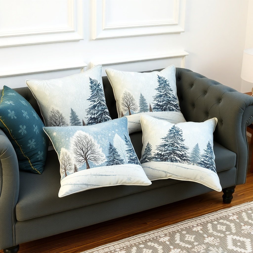 50 Inspiring Winter Decor Ideas to Transform Your Home After Christmas A cozy couch with pillows featuring winter motifs like snowy trees.