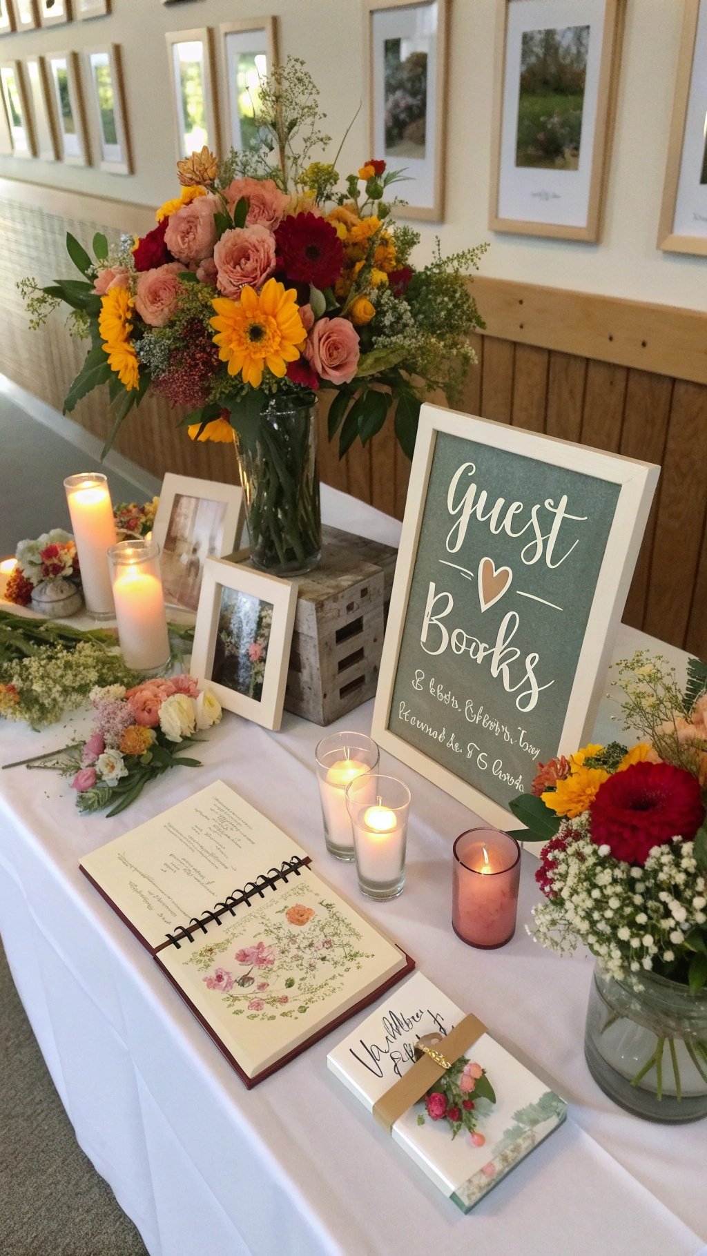 29 Stunning Wedding Table Decoration Ideas for a Perfect Celebration A wedding table setup with flowers, candles, and a guest book sign.