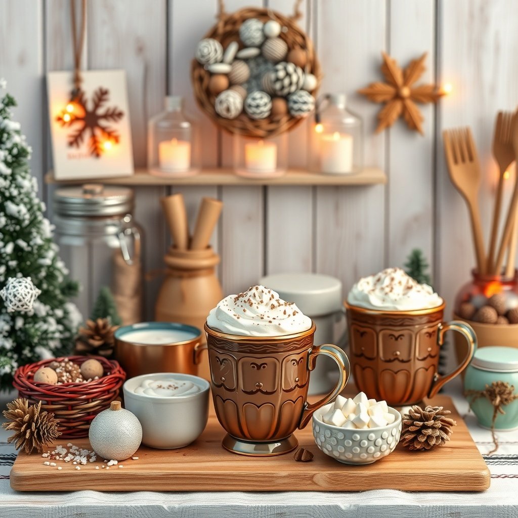 50 Inspiring Winter Decor Ideas to Transform Your Home After Christmas A cozy hot cocoa station with mugs of hot cocoa, whipped cream, and festive decorations.