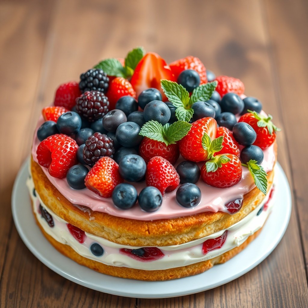 30 Delicious New Year Cake Recipes to Celebrate in Style A beautiful Berry Medley Cake topped with fresh strawberries, blueberries, blackberries, and raspberries.