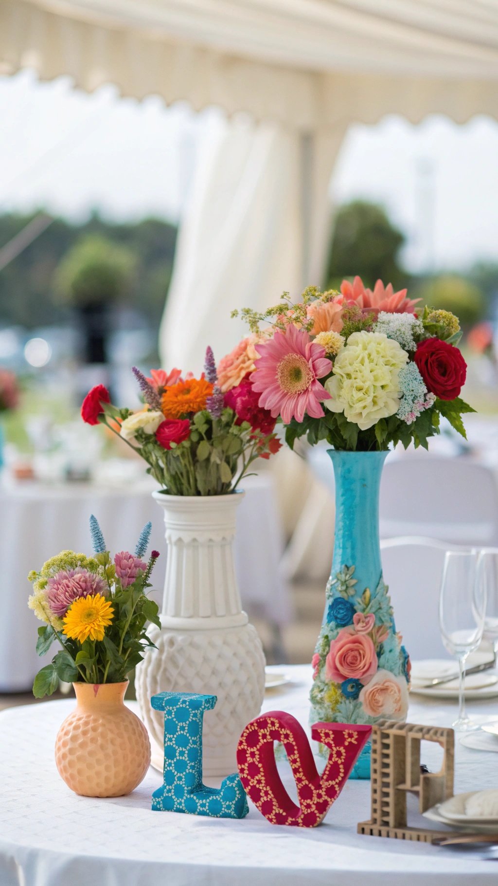 29 Stunning Wedding Table Decoration Ideas for a Perfect Celebration Colorful wedding table decorations featuring unique vases and flowers