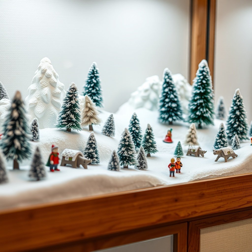 50 Inspiring Winter Decor Ideas to Transform Your Home After Christmas A snowy landscape display featuring miniature trees, figures, and animals.
