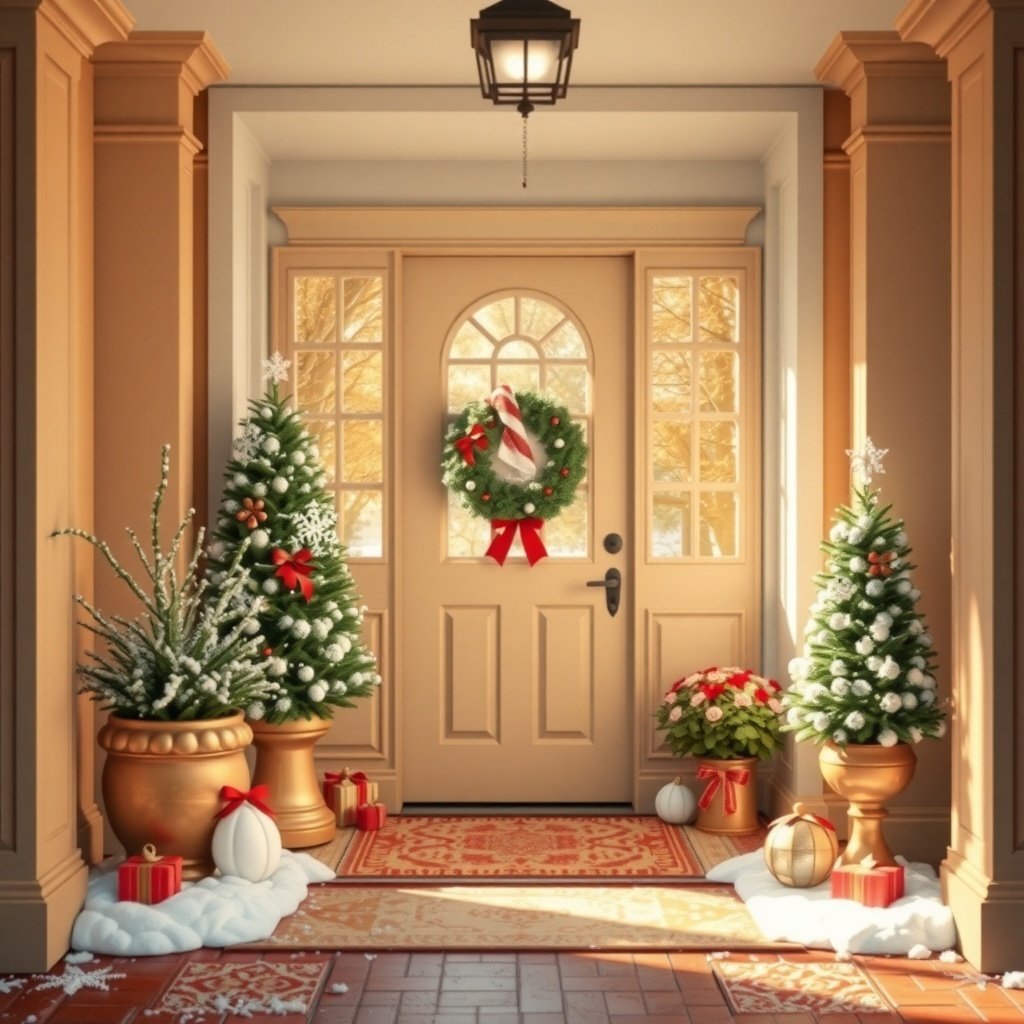 50 Inspiring Winter Decor Ideas to Transform Your Home After Christmas A winter-themed entryway with evergreen trees, a wreath on the door, and decorative elements.