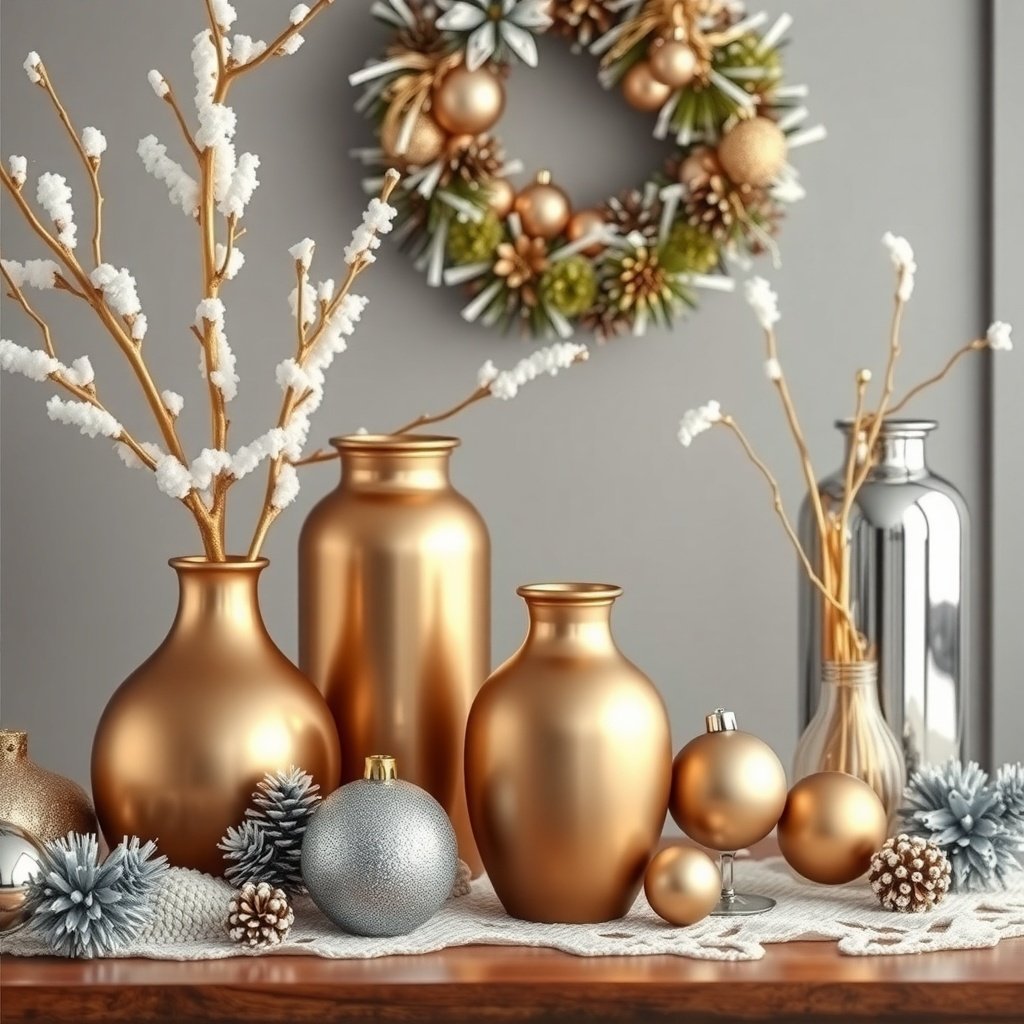 50 Inspiring Winter Decor Ideas to Transform Your Home After Christmas A stylish winter decor arrangement featuring metallic gold and silver vases, ornaments, and white branches, set against a cozy backdrop.