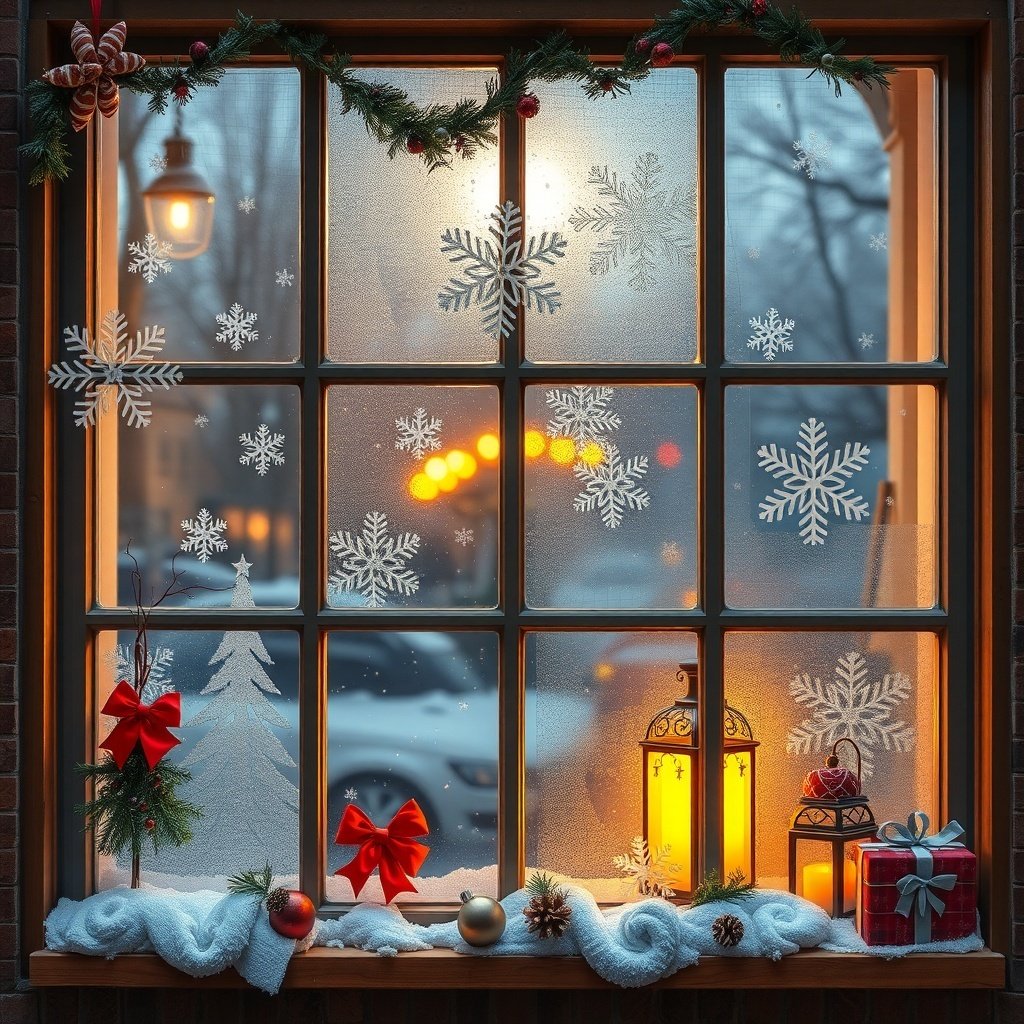 50 Inspiring Winter Decor Ideas to Transform Your Home After Christmas A frosted window decorated with snowflakes, garland, red bows, and lanterns, creating a cozy winter atmosphere.