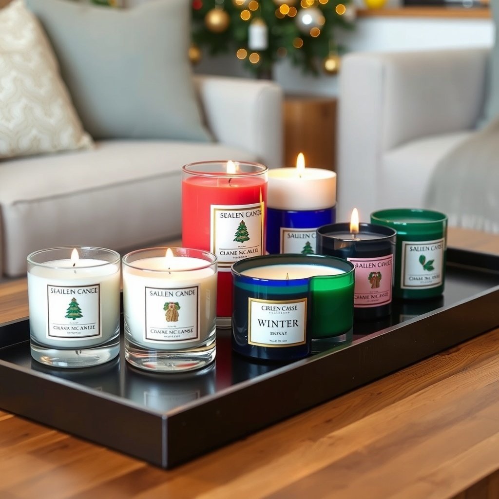 50 Inspiring Winter Decor Ideas to Transform Your Home After Christmas A selection of scented candles in various colors displayed on a tray, with a Christmas tree in the background.