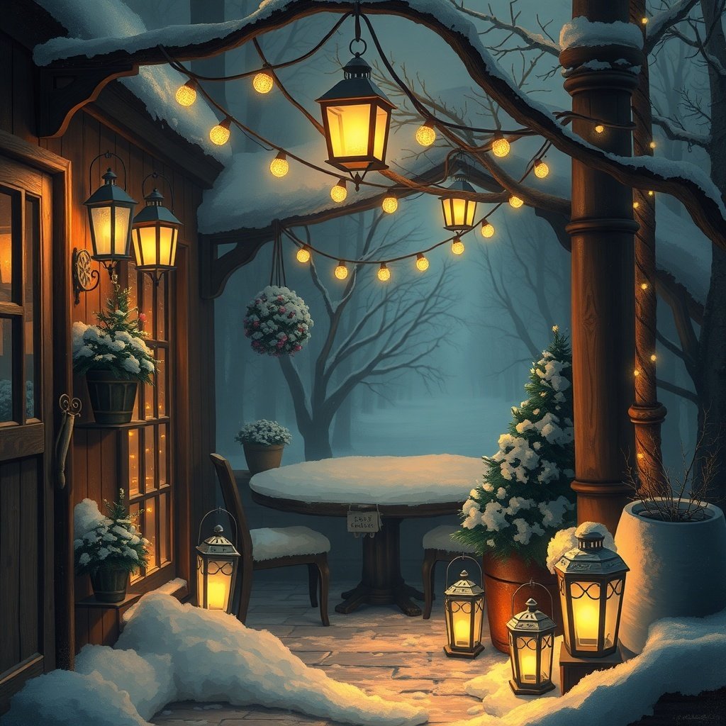 50 Inspiring Winter Decor Ideas to Transform Your Home After Christmas A cozy winter scene featuring glowing lanterns and soft lights in a snowy setting.