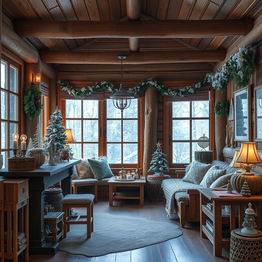 50 Inspiring Winter Decor Ideas to Transform Your Home After Christmas A cozy wooden cabin interior decorated for winter, featuring wooden furniture, soft textiles, and winter decorations.