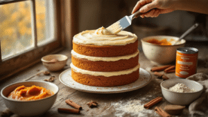 Spiced Pumpkin Layer Cake: The Ultimate Fall Showstopper Cinematic overhead shot of a three-layer spiced pumpkin cake with cream cheese frosting on a weathered wood table, surrounded by autumn elements like cinnamon sticks and nutmeg, creating a cozy kitchen atmosphere.