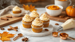 Pumpkin Spice Cupcakes with Cream Cheese Frosting Cinematic overhead shot of pumpkin spice cupcakes topped with swirled cream cheese frosting, surrounded by cinnamon sticks, star anise, toasted pecans, and autumn leaves on a white marble surface, with warm golden hour lighting and cozy fall kitchen ambiance.