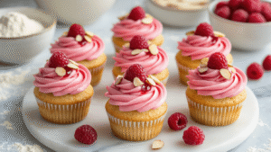 Raspberry Almond Cupcakes: Light, Elegant, and Ridiculously Easy Cinematic overhead view of raspberry almond cupcakes with swirled pink frosting, ruby jam centers, and toasted almonds, surrounded by fresh raspberries on a white marble surface.