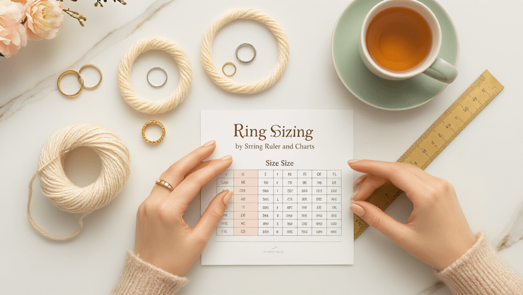 How to Determine Your Ring Size: The Complete Guide You Actually Need Flatlay of ring sizing tools on a marble surface, featuring gold and silver rings, a curved string, a brass ruler, a printable ring size chart, and a cup of golden herbal tea, all softly illuminated by natural light. Feminine hands holding the measuring string add a touch of warmth and luxury to the cozy arrangement.