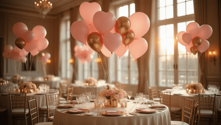 Heart Balloon Aesthetic: Your Complete Guide to Romantic Event Styling Luxurious wedding ballroom adorned with heart-shaped blush pink and rose gold balloon installation, warm sunlight illuminating ivory-lined tables with elegant gold accents, creating an intimate and romantic ambiance.