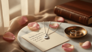 The Anniversary Gift Guide That'll Make You Look Like a Romantic Genius Cinematic close-up of a sterling silver Spotify song necklace on a polished marble surface, with a handwritten love note, blush rose petals, a vintage brass ring dish with heart rings, and a partially visible leather-bound journal, all illuminated by warm golden hour light.