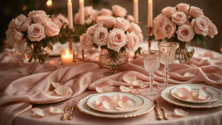 Valentine's Day Gift Ideas That Actually Show You Care (Not Just Another Candle) Cinematic overhead shot of an intimate Valentine's dinner tablescape with blush pink silk linens, delicate rose centerpieces in vintage crystal vases, gold-rimmed porcelain plates, scattered rose petals, and warm candlelight creating a romantic ambiance.