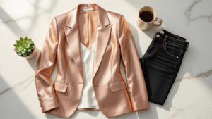 How to Rock a Statement Blazer in Metallic Tones Without Looking Like a Disco Ball A luxurious rose gold metallic blazer on a white marble surface, styled with gold hoop earrings, a folded white silk camisole, black skinny jeans, a potted succulent, and a ceramic coffee mug, all bathed in soft natural sunlight.