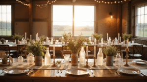 Thrifted Wedding Decor: How I Created a Stunning Celebration Without Breaking the Bank Romantic rustic barn wedding reception at golden hour with mismatched vintage china, floral centerpieces in glass jars, flickering candlelight, and soft sunlight creating a warm ambiance.