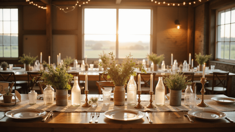 Thrifted Wedding Decor: How I Created a Stunning Celebration Without Breaking the Bank Romantic rustic barn wedding reception at golden hour with mismatched vintage china, floral centerpieces in glass jars, flickering candlelight, and soft sunlight creating a warm ambiance.