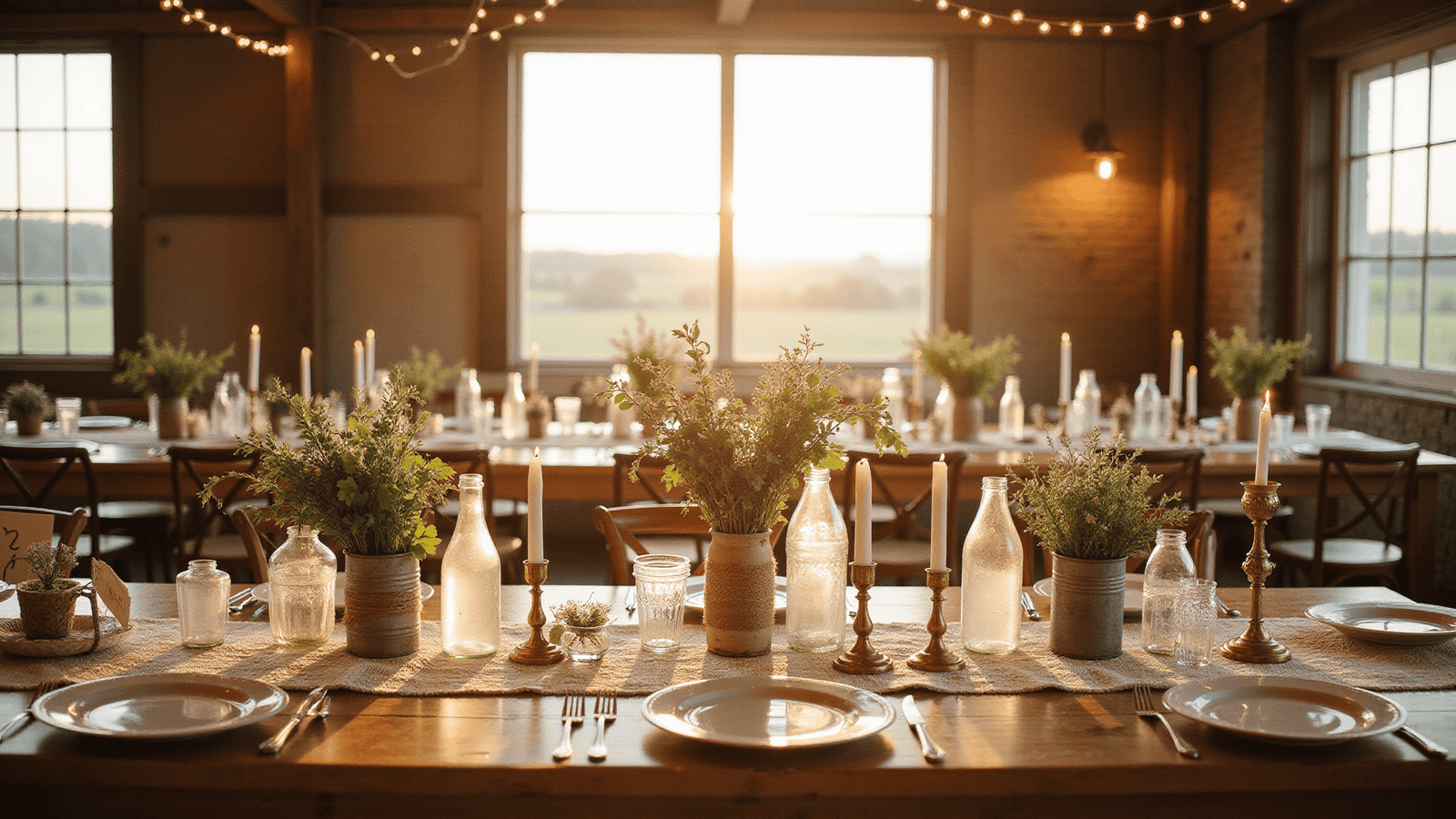 Romantic rustic barn wedding reception at golden hour with mismatched vintage china, floral centerpieces in glass jars, flickering candlelight, and soft sunlight creating a warm ambiance.