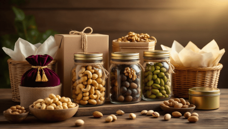 Dry Fruits Packing Ideas for Gifts That'll Actually Impress People Elegant dry fruit gift presentation on a rustic wooden table, featuring mason jars filled with assorted nuts, velvet potli bags, kraft boxes with jute twine, wicker baskets, and decorative metal tins, all bathed in warm golden hour lighting.