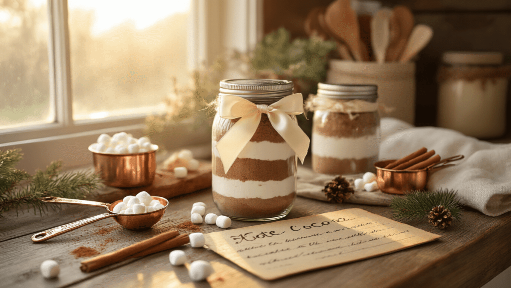 Small Gift Ideas That'll Make You Look Like a Genius (Without Breaking the Bank) Rustic kitchen counter with a layered hot cocoa mix in a mason jar tied with a cream silk ribbon, surrounded by copper measuring spoons, scattered mini marshmallows, and a handwritten recipe card. Warm golden light creates a cozy hygge atmosphere with cinnamon sticks, cocoa powder dusting, a linen tea towel, and pine sprigs, showcasing rich textures and a warm color palette.