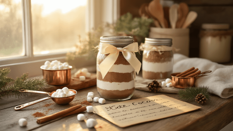 Small Gift Ideas That'll Make You Look Like a Genius (Without Breaking the Bank) Rustic kitchen counter with a layered hot cocoa mix in a mason jar tied with a cream silk ribbon, surrounded by copper measuring spoons, scattered mini marshmallows, and a handwritten recipe card. Warm golden light creates a cozy hygge atmosphere with cinnamon sticks, cocoa powder dusting, a linen tea towel, and pine sprigs, showcasing rich textures and a warm color palette.