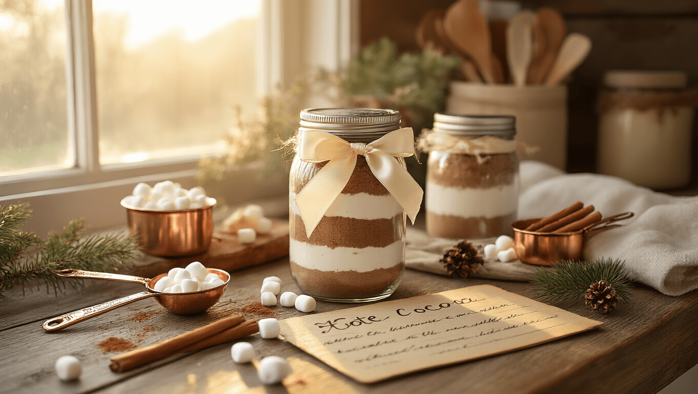 Rustic kitchen counter with a layered hot cocoa mix in a mason jar tied with a cream silk ribbon, surrounded by copper measuring spoons, scattered mini marshmallows, and a handwritten recipe card. Warm golden light creates a cozy hygge atmosphere with cinnamon sticks, cocoa powder dusting, a linen tea towel, and pine sprigs, showcasing rich textures and a warm color palette.