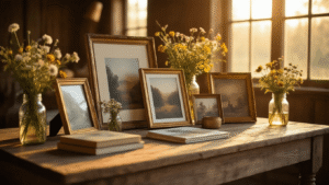 25 Photo Gift Ideas That'll Make Everyone Think You're a Thoughtful Genius Cinematic display of personalized photo gifts on a rustic wooden table, illuminated by warm golden hour light, featuring canvas prints, photo books, and vintage frames, accented by fresh wildflowers in mason jars.